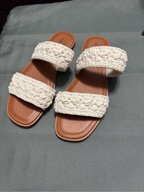 Maurices Cream Woven Double-Strap Slide Sandals with Tan Footbed